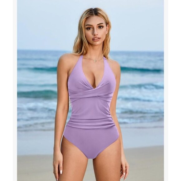 Suuksess Womens Lavender Size S Halter Neck One-Piece Swimsuit Tummy Control - Picture 3 of 12